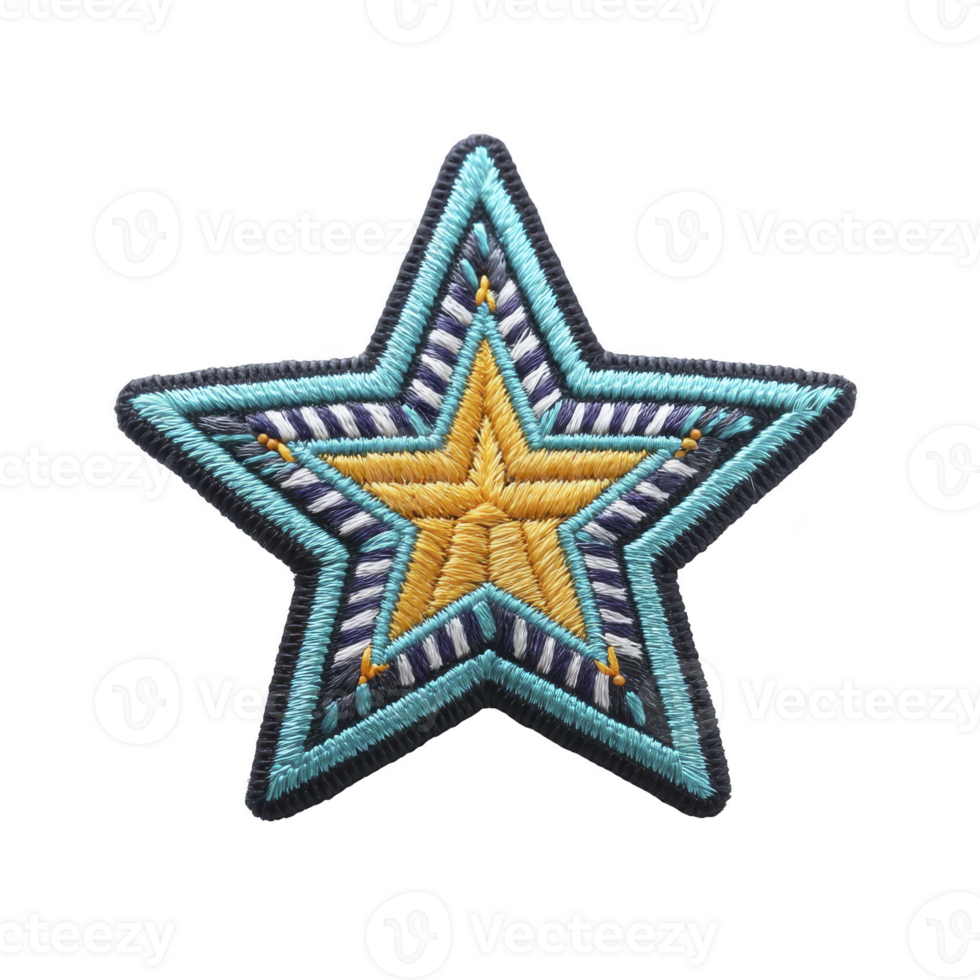 Colorful embroidered star patch with intricate patterns and vibrant hues, perfect for adding flair to clothing or accessories. design features layers of blue, yellow, and white threads png