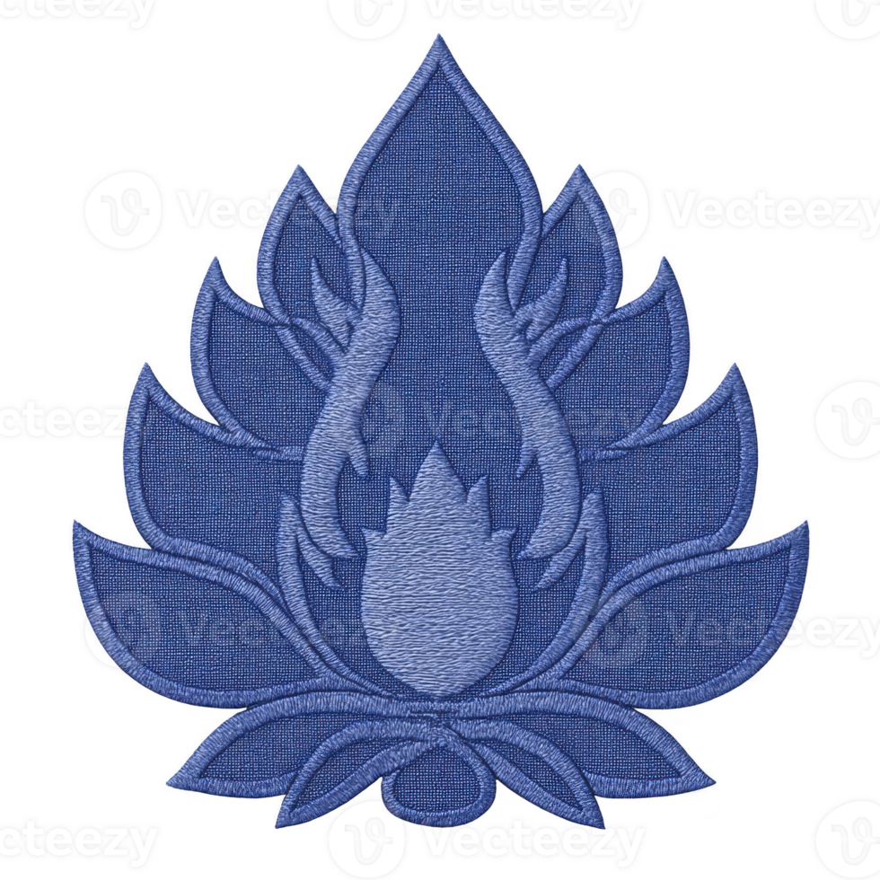 Blue embroidered lotus design with intricate details and symmetrical pattern, symbolizing purity and enlightenment. texture and craftsmanship evoke sense of elegance and tranquility png