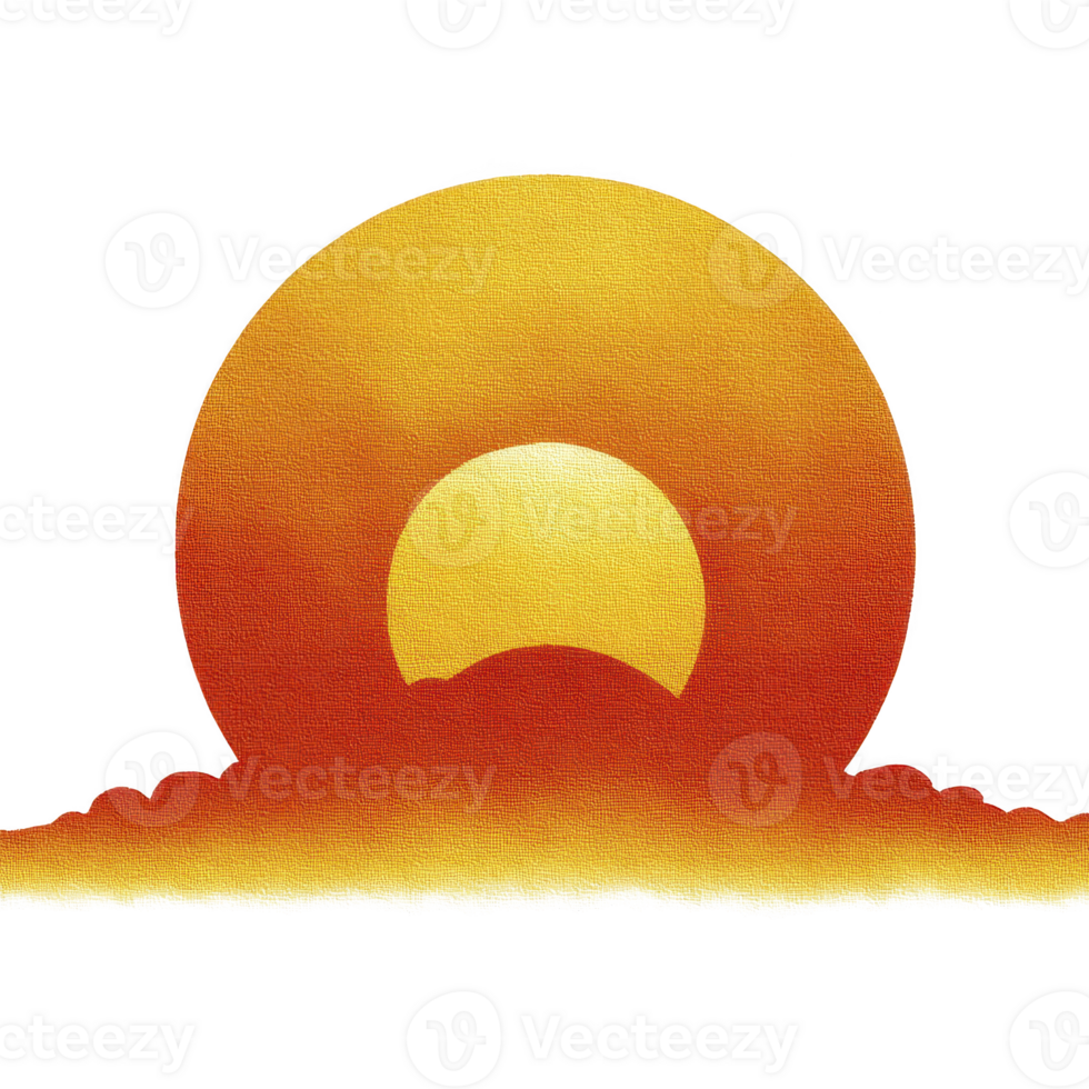 Vibrant illustration of sunset with large orange sun setting behind clouds, creating warm and serene atmosphere. gradient of colors transitions from deep orange to yellow png
