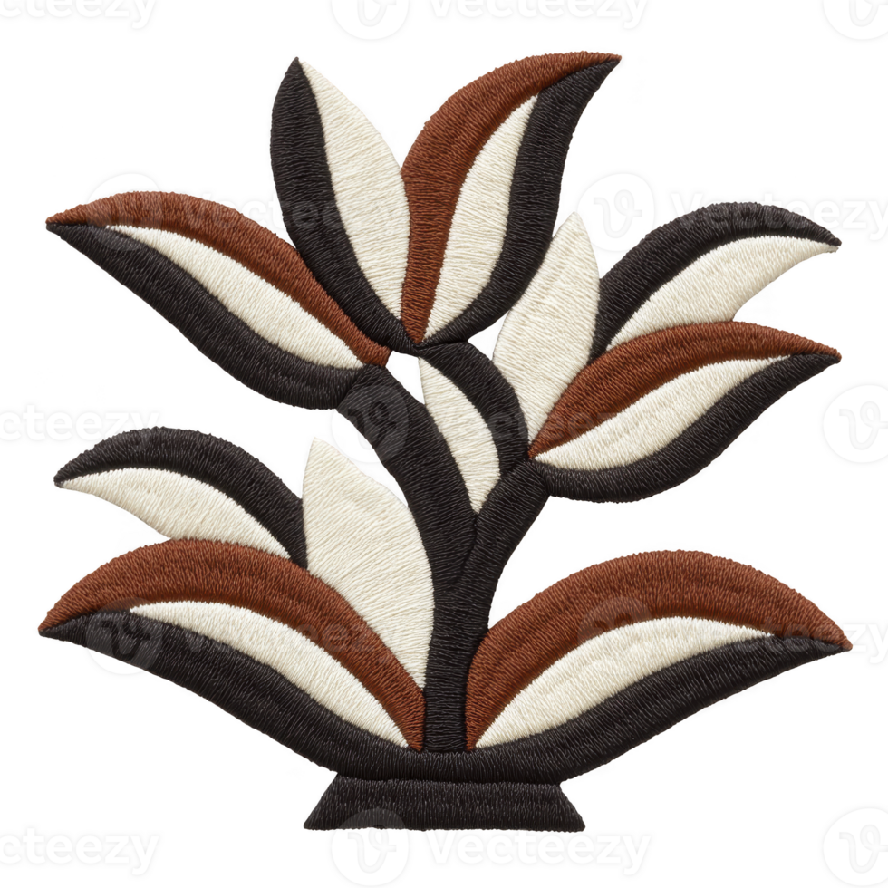 Stylized floral embroidery design features abstract leaves in brown, black, and white, creating modern and elegant pattern. intricate stitching adds texture and depth png