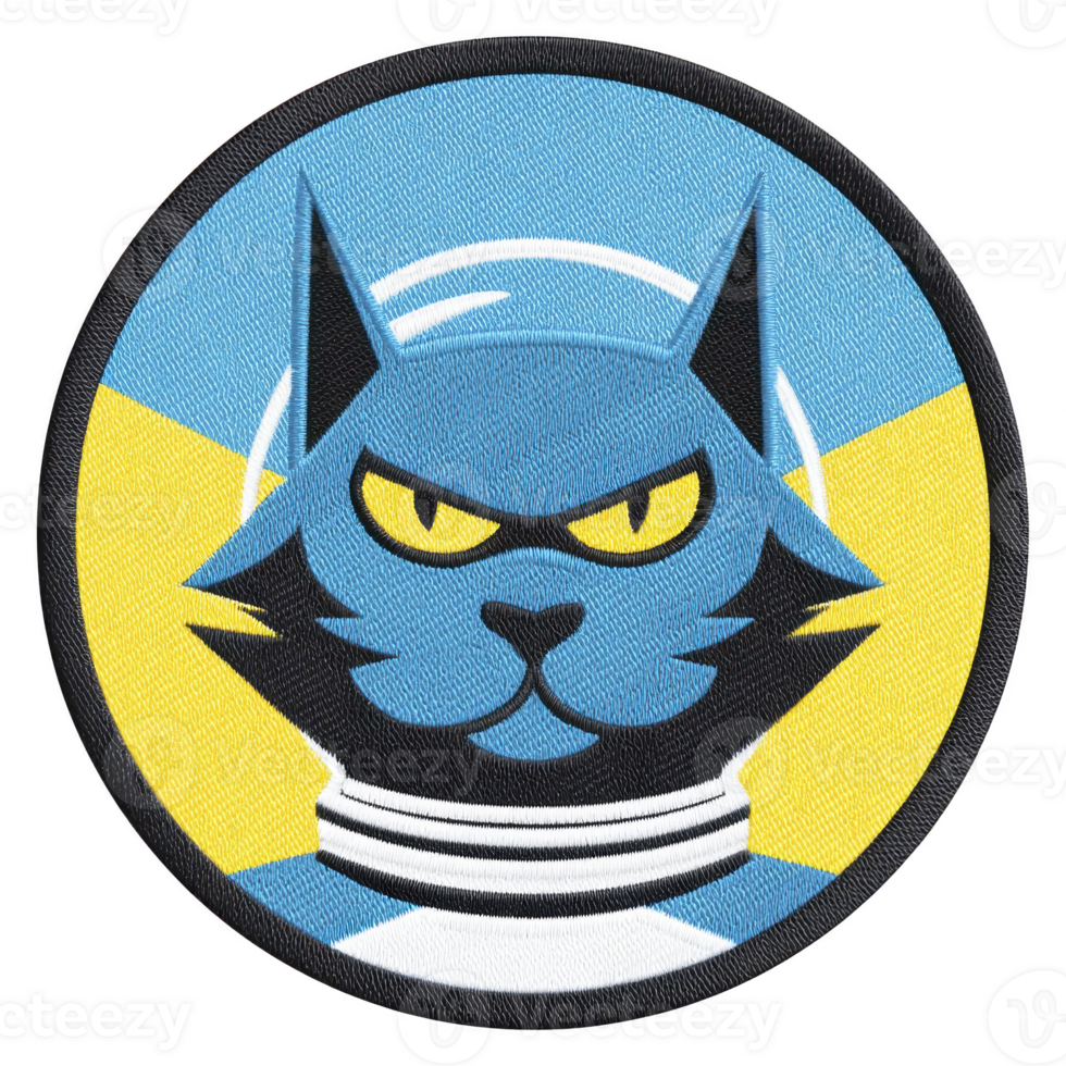 This features stylized cat wearing space helmet, with bold and colorful design. cat has serious expression, set against blue and yellow background, creating striking visual png