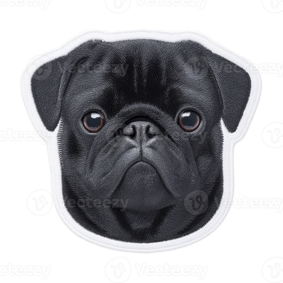 This features detailed embroidered patch of black pug face, showcasing its expressive eyes and distinctive features. patch is outlined in white, highlighting pug adorable expression png