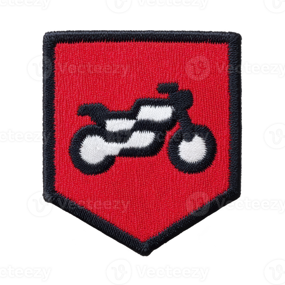 Red embroidered patch features stylized motorcycle design, outlined in black and white, creating bold and dynamic look. patch is shield shaped, ideal for jackets or bags png
