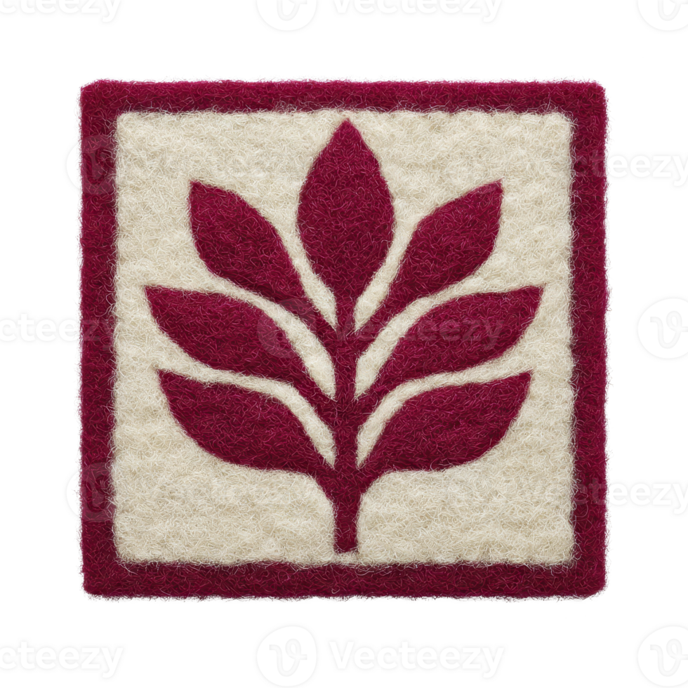Square felt patch features red leaf design on cream background, showcasing simple and elegant botanical motif. texture is soft and fuzzy, adding cozy feel png