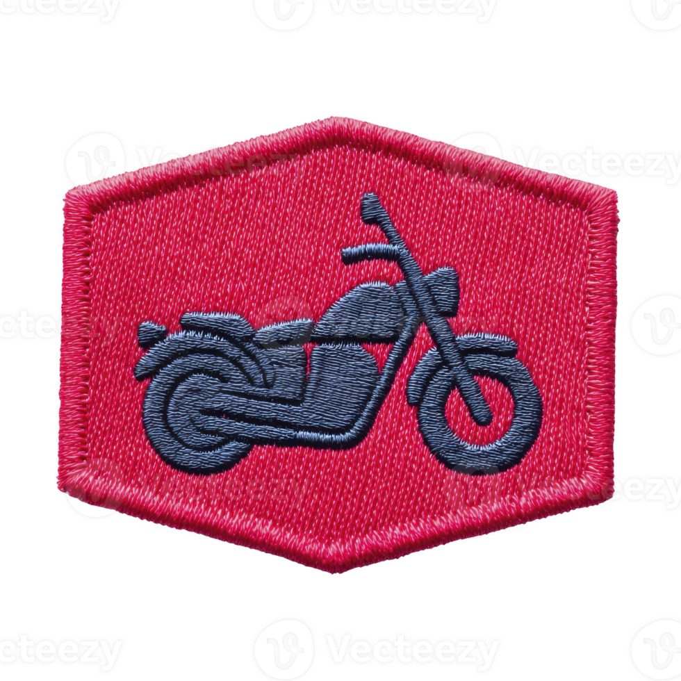 Red embroidered patch features blue motorcycle design, showcasing hexagonal shape. patch is detailed and suitable for clothing or accessories, adding touch of style png