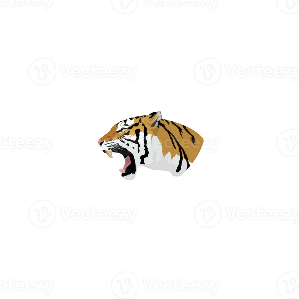 Fierce tiger head illustration with open mouth, showcasing its sharp teeth and intense expression. artwork features bold colors and detailed lines, capturing wild essence of animal png