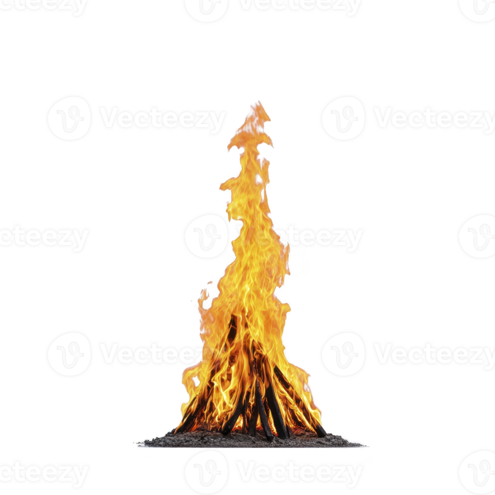 Large, vibrant bonfire with bright orange flames dances against transparency background, creating warm and inviting atmosphere. firewood is stacked neatly, fueling lively blaze png