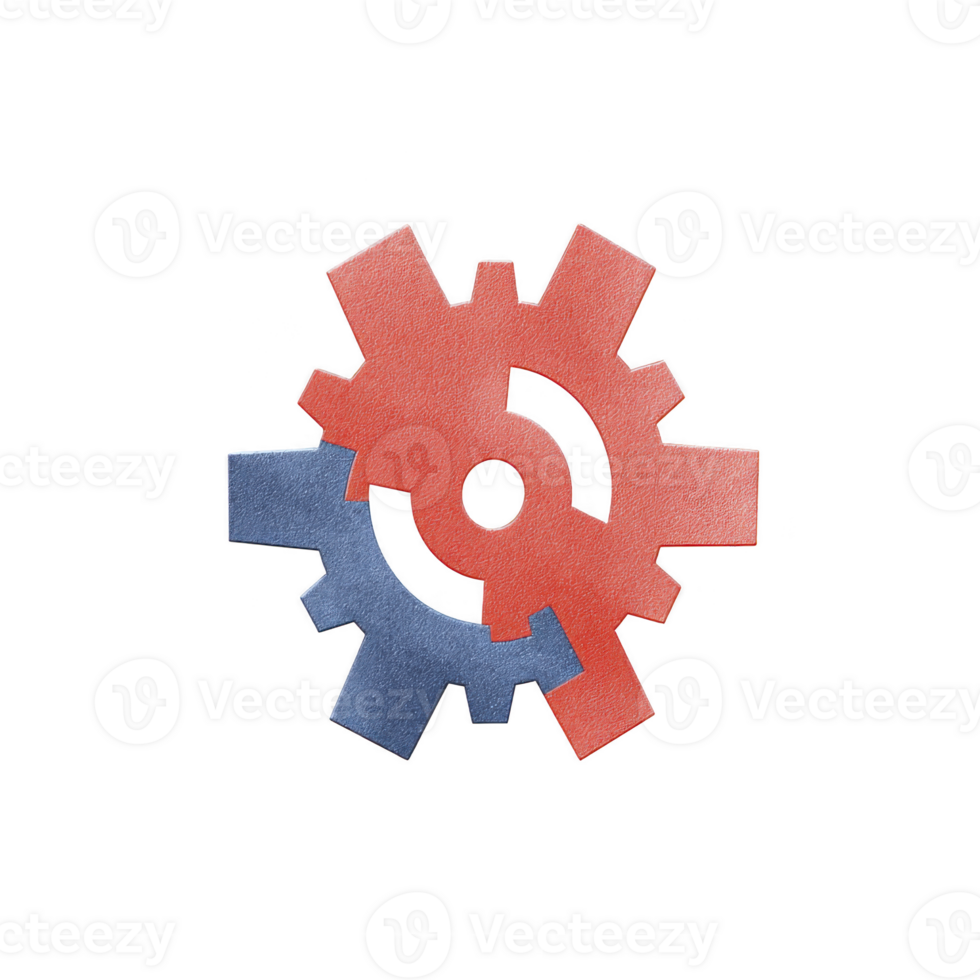 Two interlocking gears, one red and one blue, symbolize teamwork and collaboration. gears are set against plain background, highlighting their mechanical design and industrial feel png