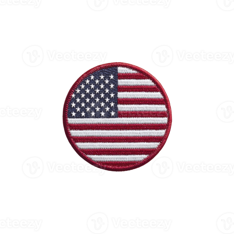 Round embroidered patch featuring American flag design with stars and stripes, symbolizing patriotism and national pride. patch has red border and is isolated on transparency background png
