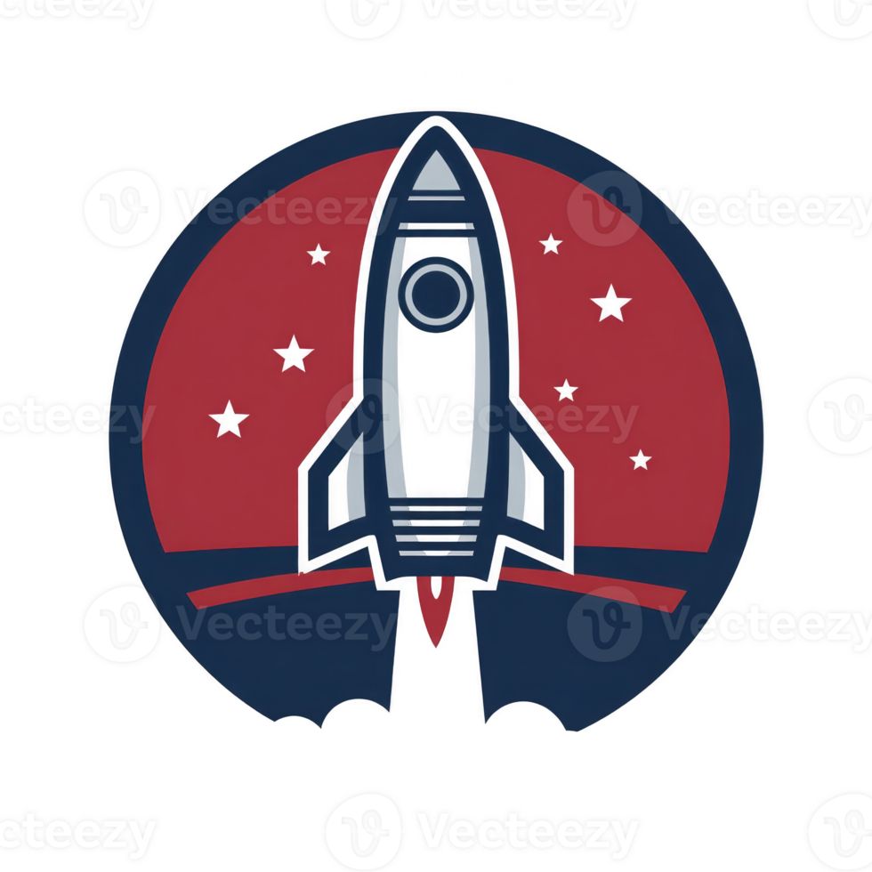 Stylized rocket ship is depicted against red circular background with stars, evoking sense of adventure and exploration. design is simple and bold, using blue and red colors png