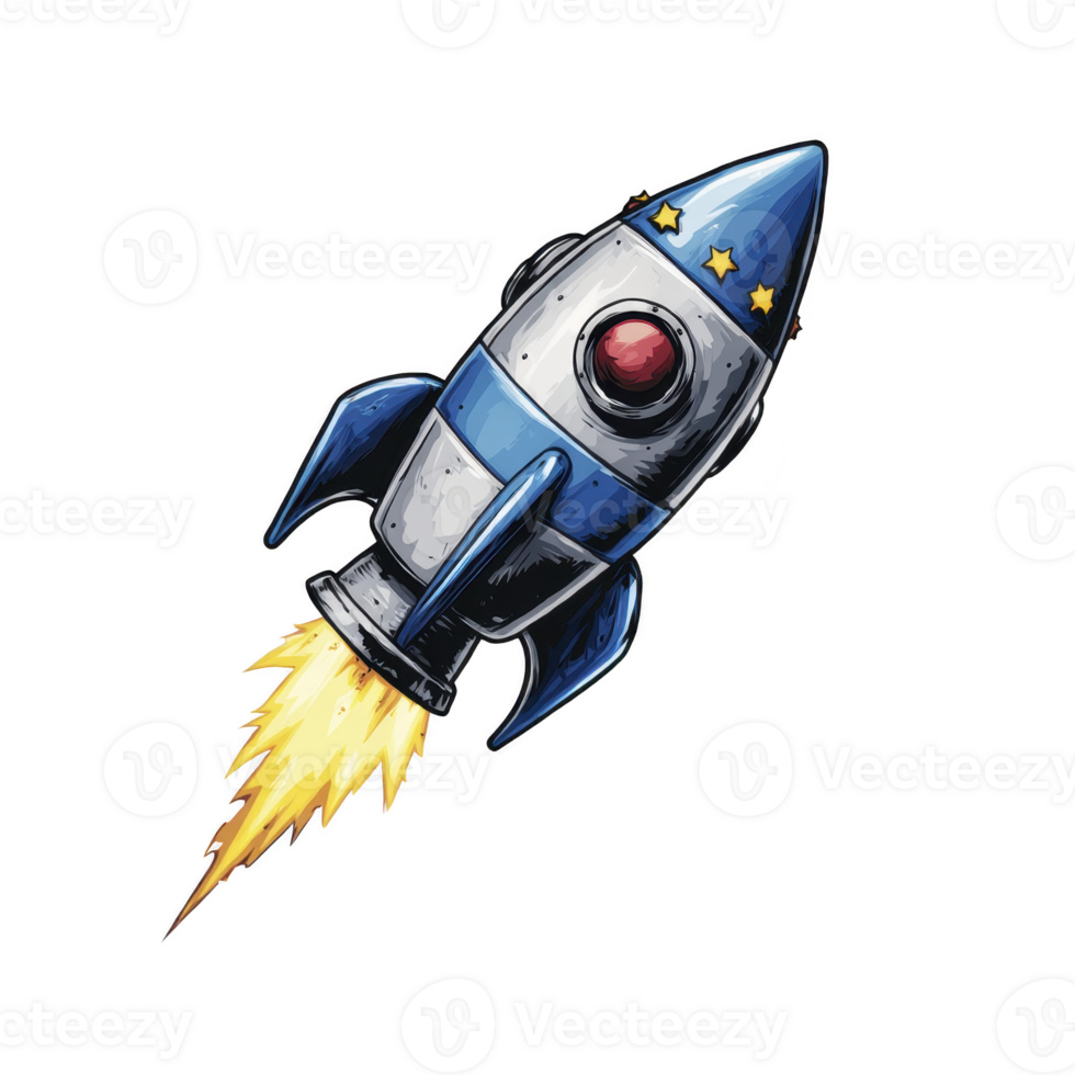 Blue and silver rocket with red circular window and yellow stars is launching into space, leaving fiery trail. design is cartoonish and vibrant, evoking sense of adventure and exploration png