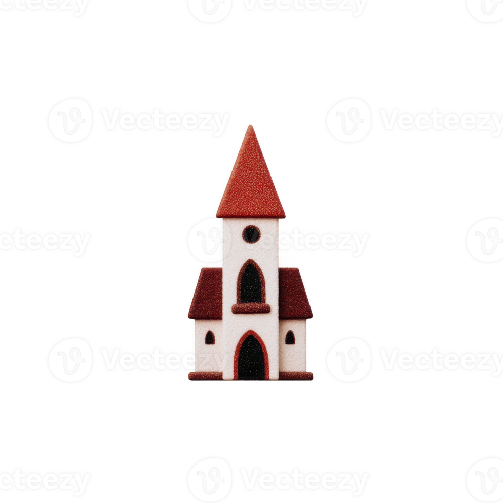 Small, stylized church icon with red roof and white walls, featuring tall steeple and arched windows, isolated on transparency background png