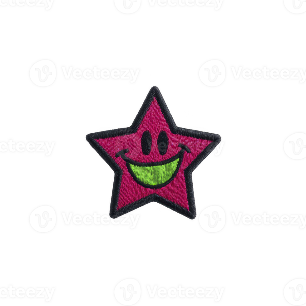 Vibrant star shaped patch with smiling face, featuring pink outline and bright green smile, set against transparency background. This cheerful design is perfect for adding playful touch to png