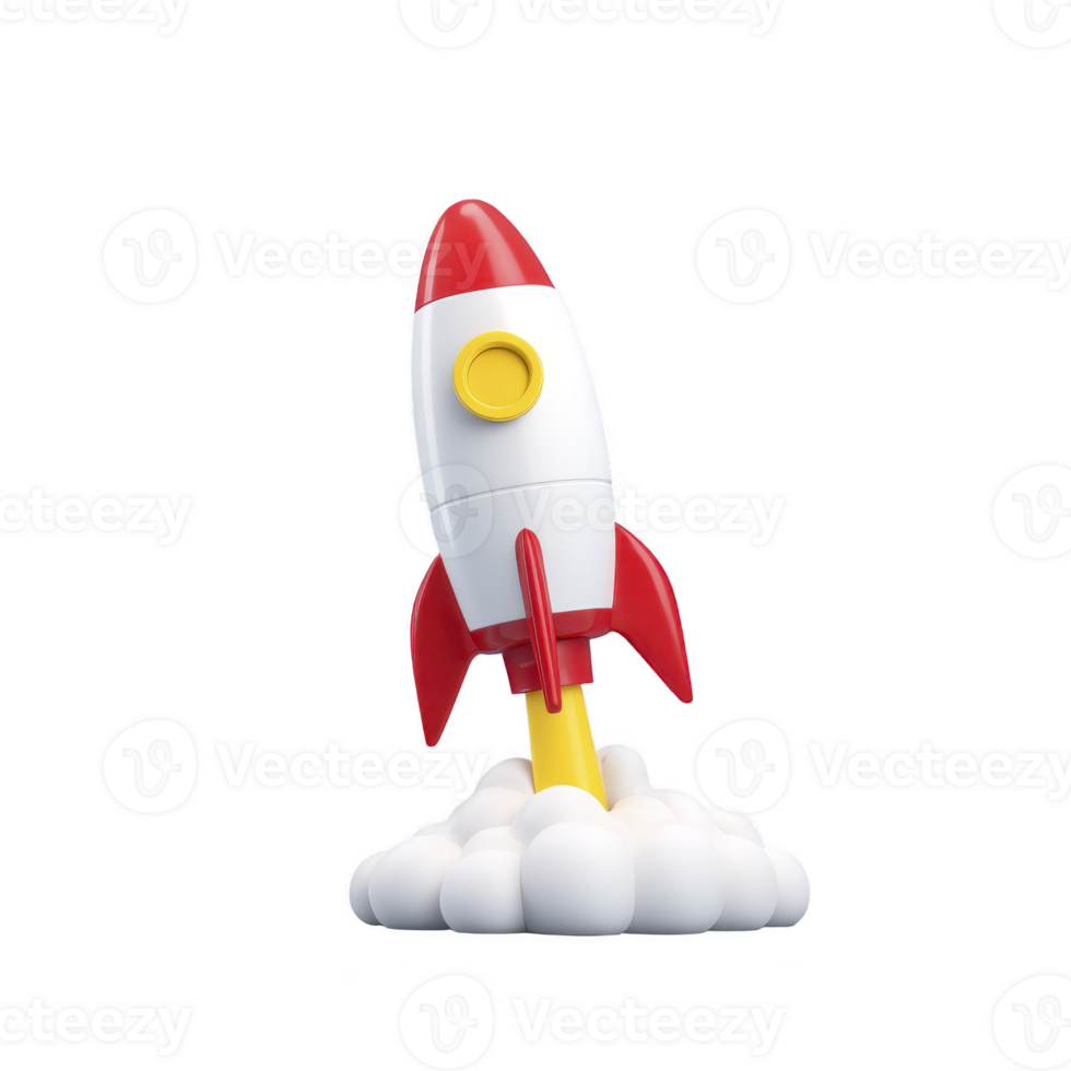 Colorful toy rocket with red fins and yellow window is launching from cloud of white smoke, symbolizing imagination and adventure png