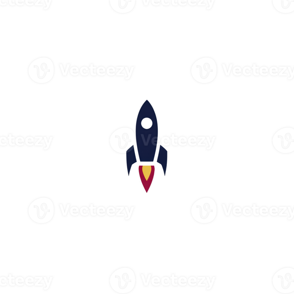 Simple illustration of blue rocket with red and yellow flame, set against transparent background, conveys sense of adventure and exploration png