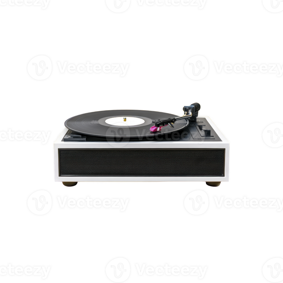 Vintage turntable with vinyl record playing, featuring sleek black and white design. needle is positioned on record, evoking sense of nostalgia and classic music enjoyment png