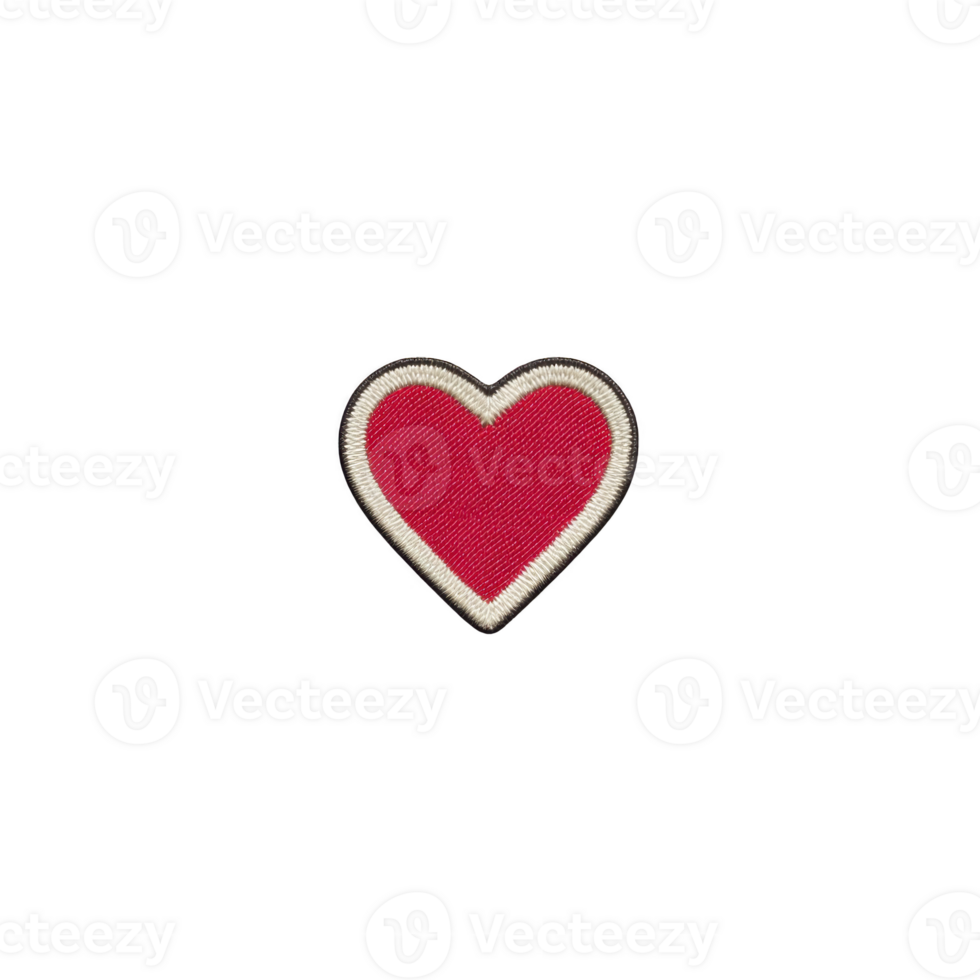 Red heart shaped patch with white border is displayed on transparency background, symbolizing love and affection. patch is embroidered, giving it textured appearance png