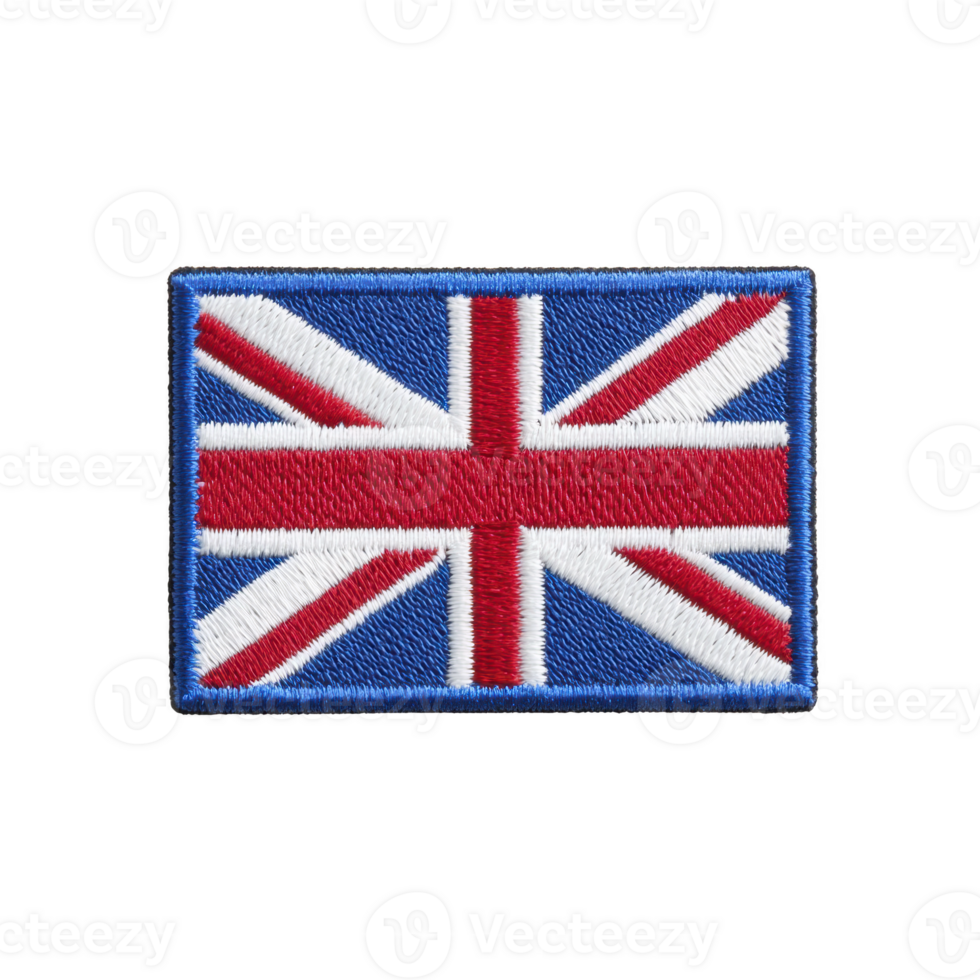 Image shows embroidered patch of United Kingdom flag, featuring iconic red, white, and blue design. patch is rectangular and has textured appearance png