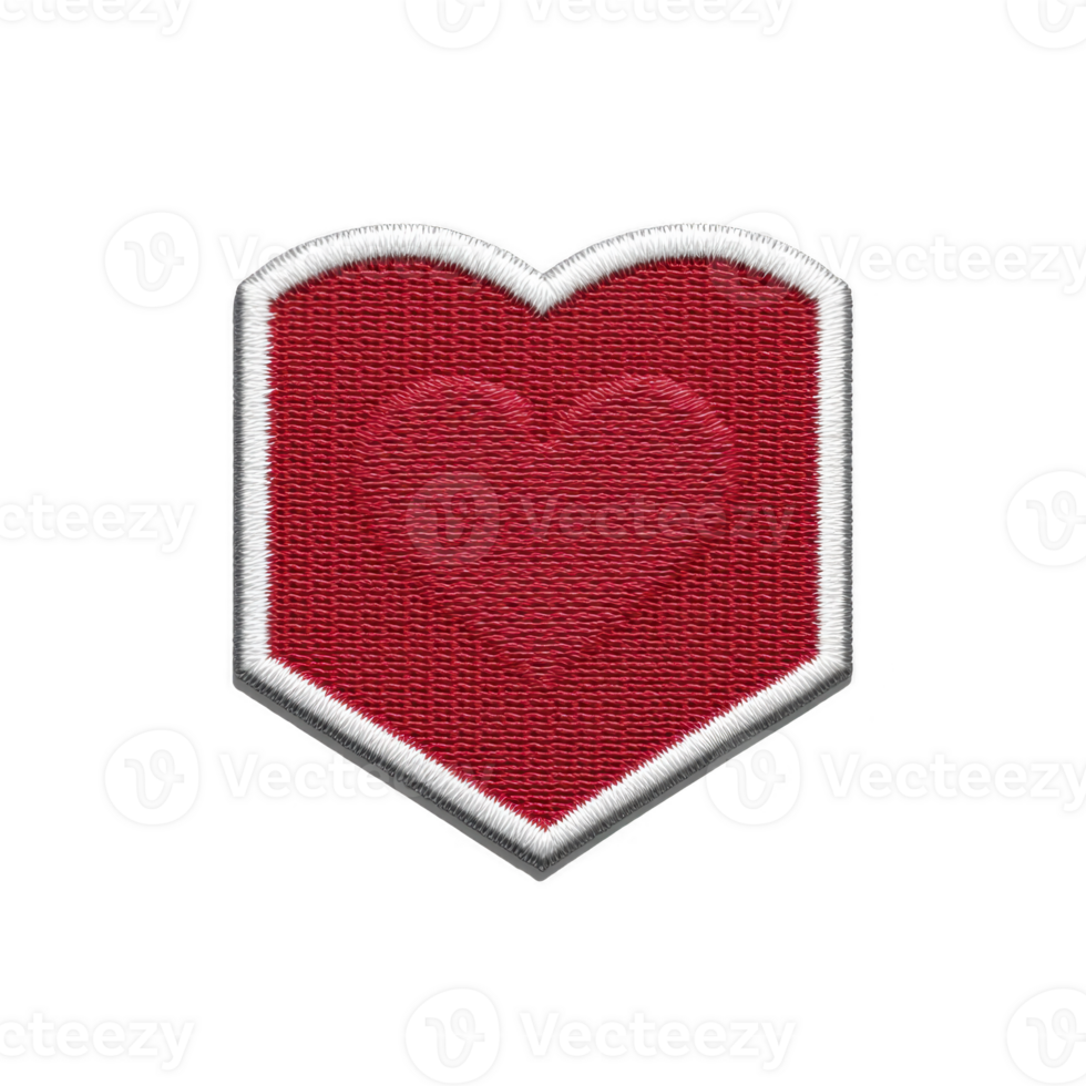 Red heart shaped embroidered patch with white border, featuring subtle inner heart design, symbolizes love and affection. patch is suitable for clothing or accessories png