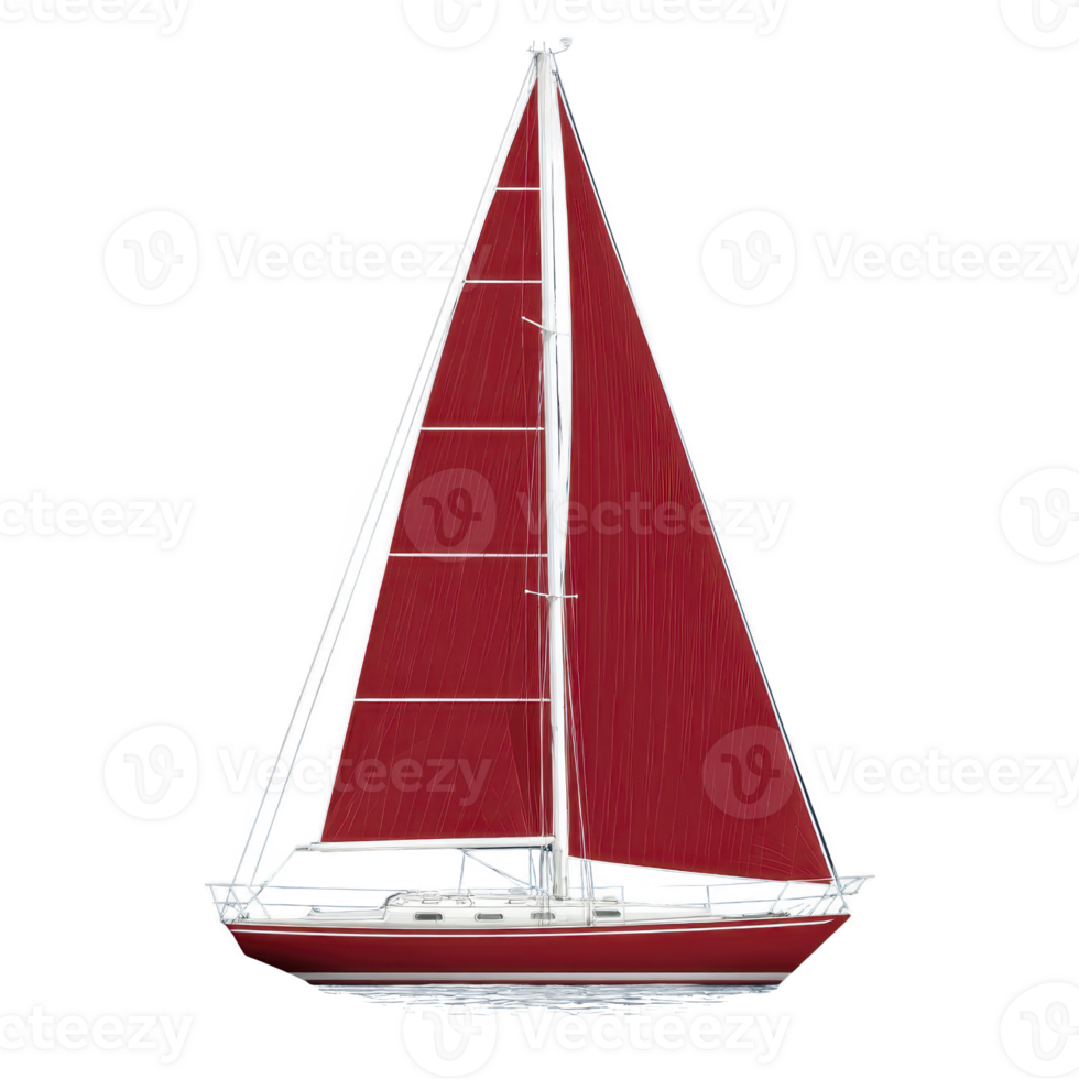 Sleek sailboat with vibrant red sails stands against transparent background, showcasing its elegant design and nautical charm. boat structure is detailed, highlighting its mast and rigging png