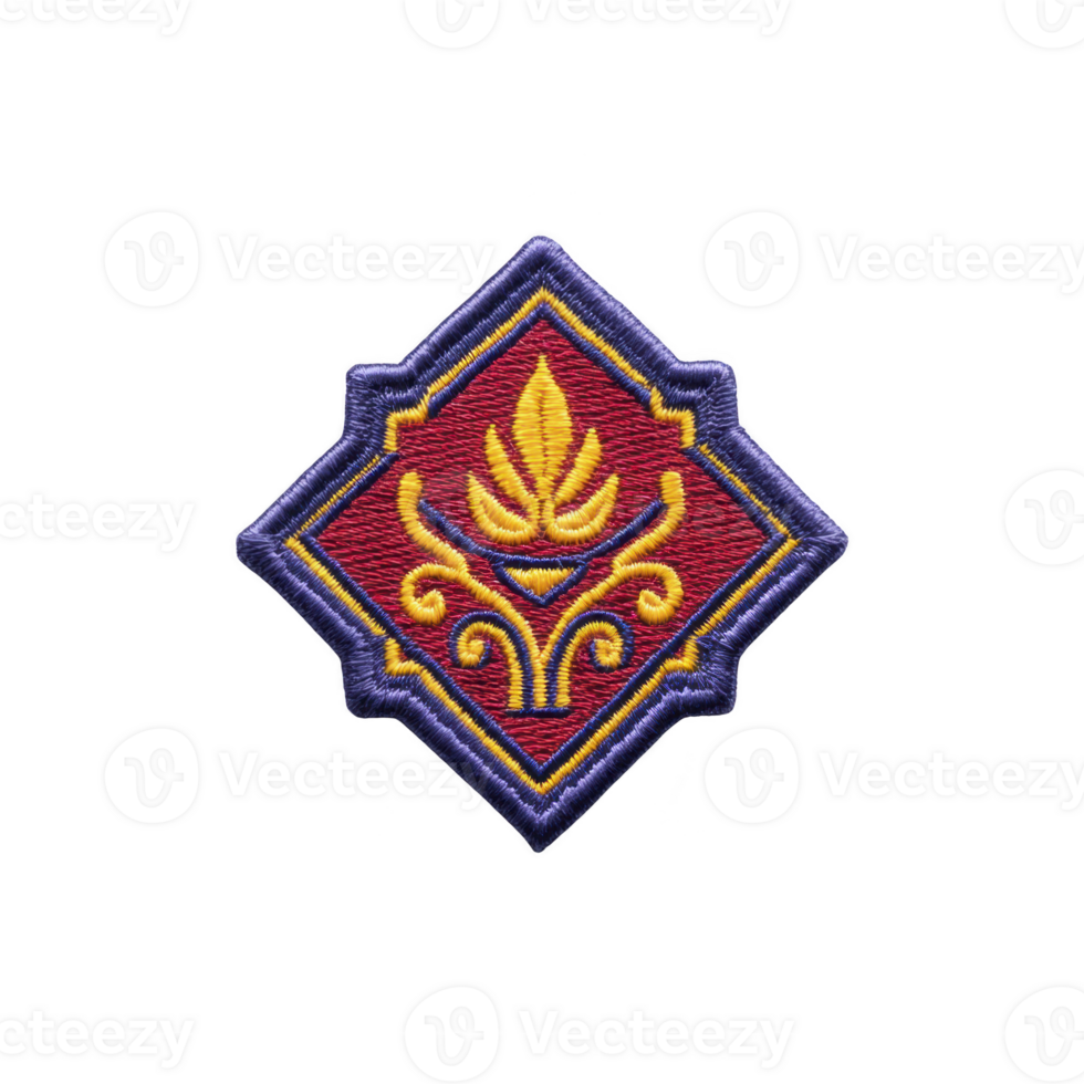 This features embroidered patch with floral design yellow and blue red background, framed by blue border. patch has diamond shape and intricate detailing.Embroidered patch with floral design png