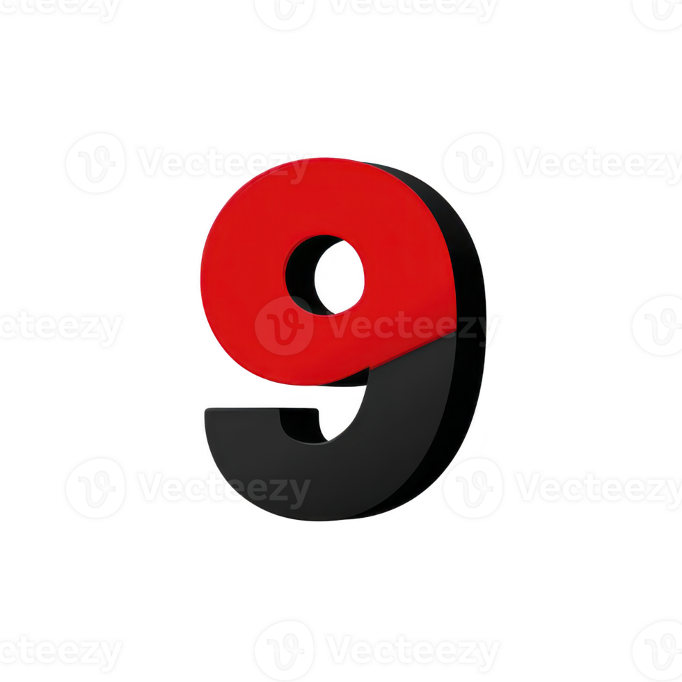 Bold red and black number nine stands out against plain background, showcasing modern and striking design. number vibrant color and shadow create three dimensional effect png
