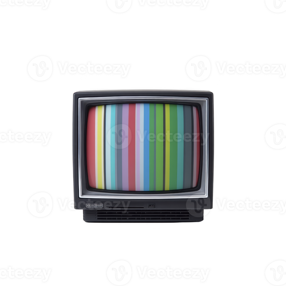 Vintage television displaying colorful test pattern with vertical stripes, evoking nostalgia and retro vibes. classic design and vibrant colors create sense of nostalgia png
