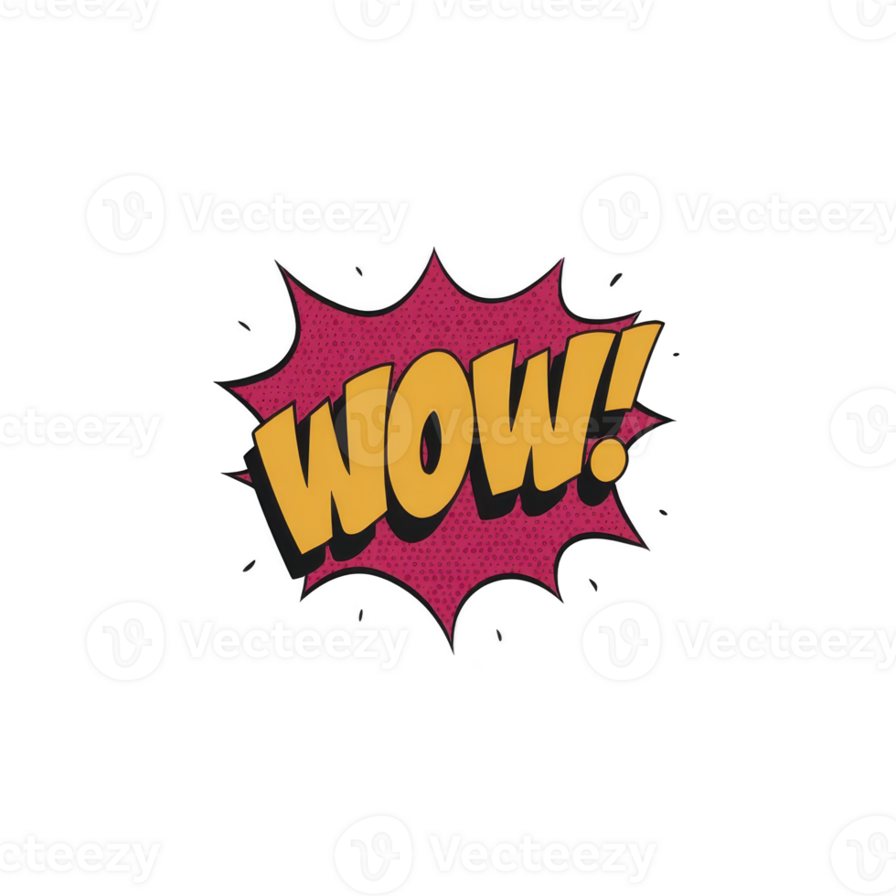 Vibrant comic style WOW text in bold yellow letters is set against dynamic red burst background, evoking excitement and surprise png