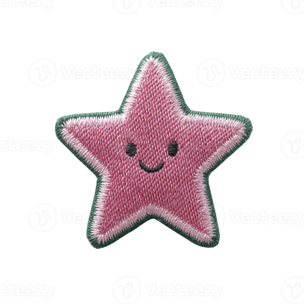 Cute pink star shaped patch with smiling face and green border, perfect for adding playful touch to clothing or accessories. embroidered design is cheerful and whimsical png