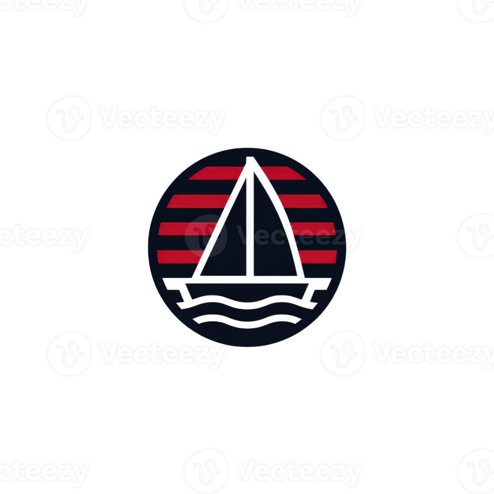 Minimalist logo features sailboat silhouette against backdrop of red horizontal stripes, evoking sense of adventure and tranquility. design is enclosed in circular frame png