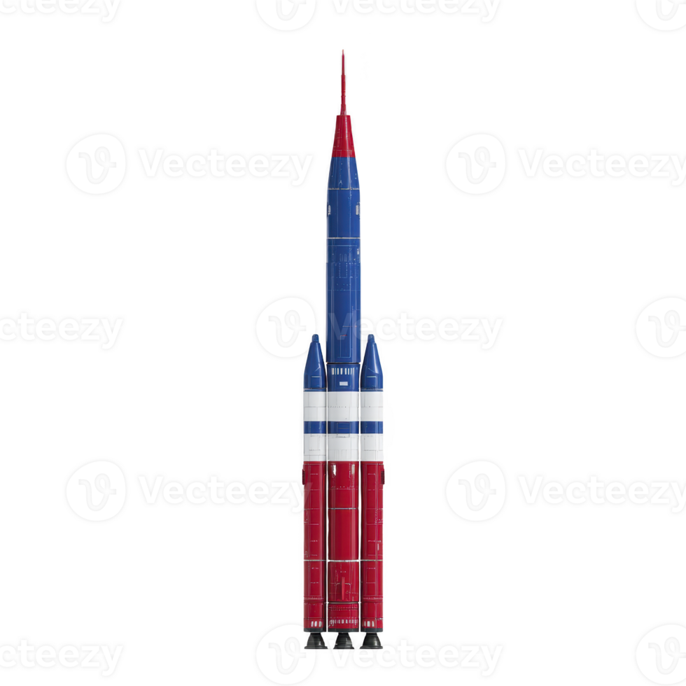 Colorful rocket model with red, white, and blue sections stands upright, showcasing sleek and futuristic design. vibrant colors and detailed structure evoke sense of adventure and exploration png