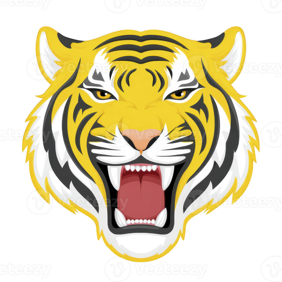 Fierce tiger head illustration with open mouth and sharp teeth, showcasing bold black stripes and vibrant yellow color. expression is intense and powerful png
