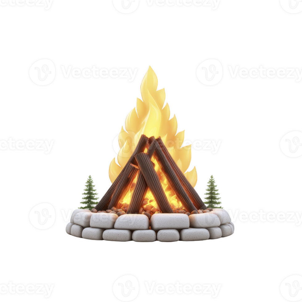 Cozy campfire with bright flames surrounded by stone circle and small pine trees, evoking warmth and outdoor adventure png