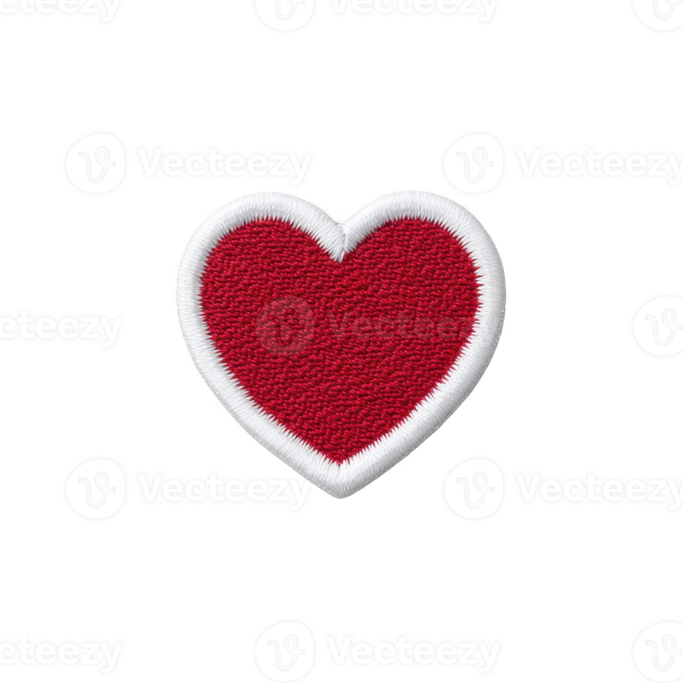 Red heart patch with white border, symbolizing love and affection, is displayed on transparency background. embroidered texture adds tactile quality to design png
