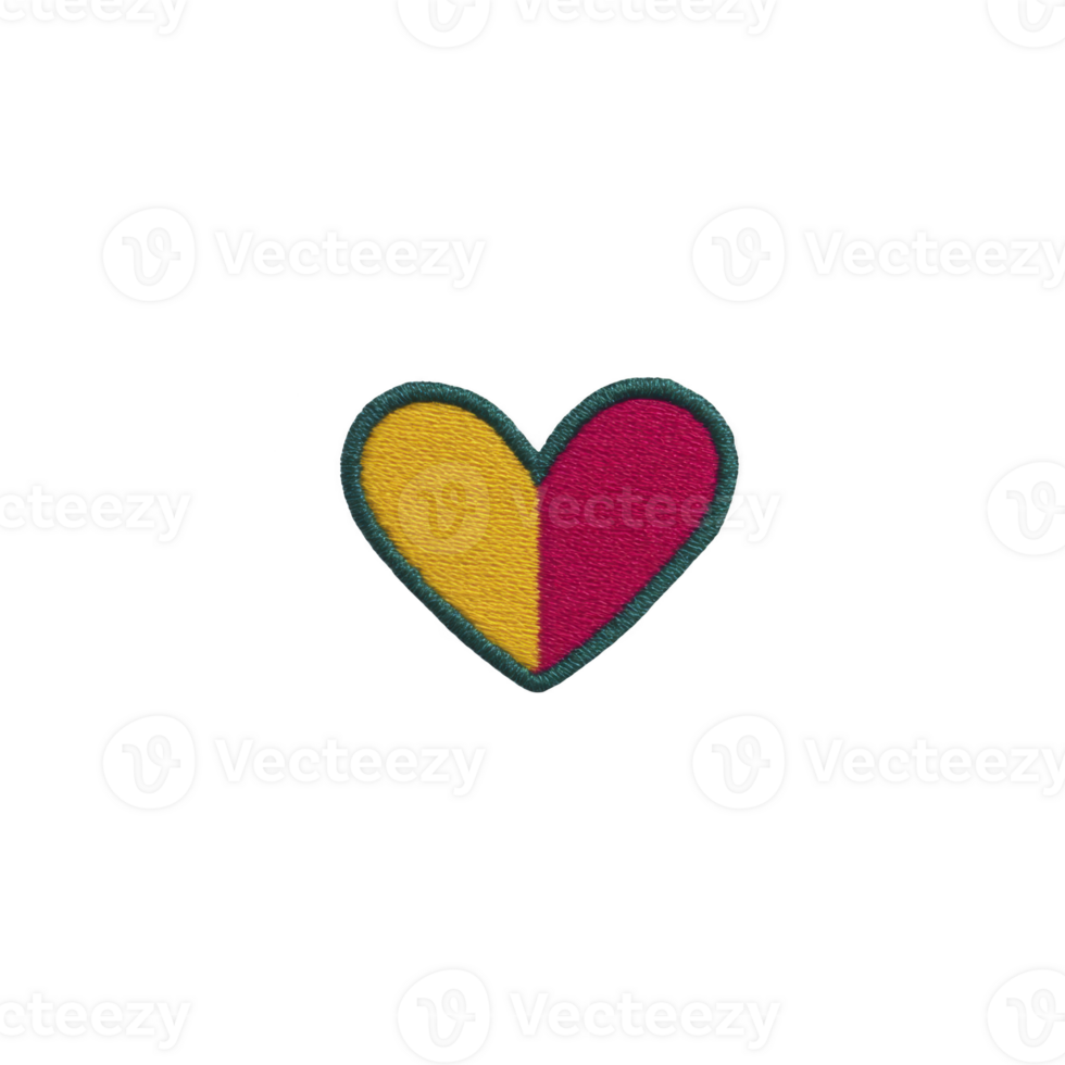 Colorful heart shaped patch with yellow and pink split design, outlined in green, on transparency background. patch has textured, embroidered appearance, adding playful and vibrant touch png