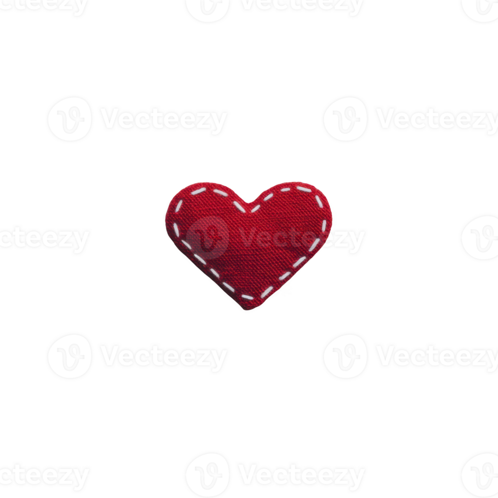 Small red fabric heart with white stitching, symbolizing love and affection, isolated on transparency background. heart is crafted from textured material, giving it handmade feel png