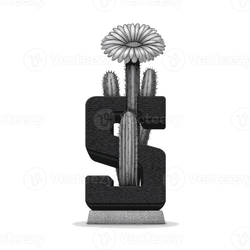 Stylized black and white illustration features cactus shaped like dollar sign, adorned with blooming flowers. design combines natural elements with financial symbolism, creating unique artistic png