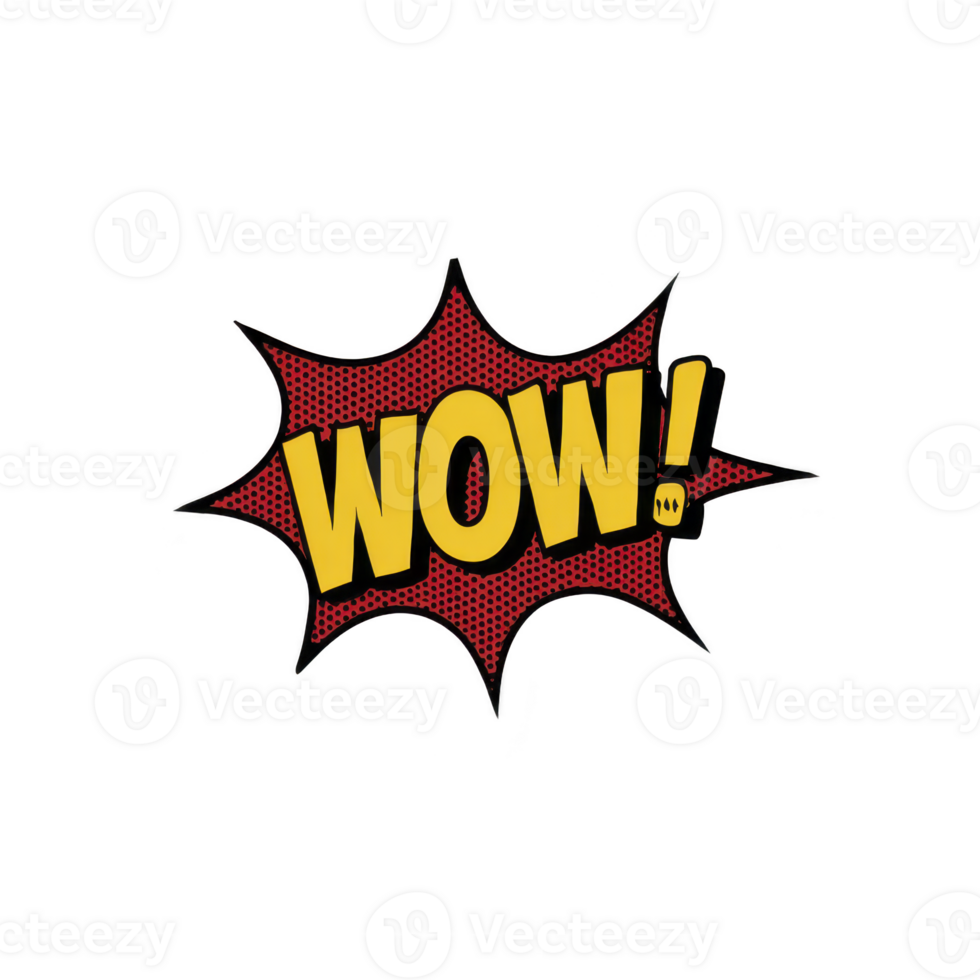 Comic style WOW text bold yellow with red burst background, evoking excitement and surprise. design is reminiscent of pop art and classic comic book graphics, featuring dynamic and playful png