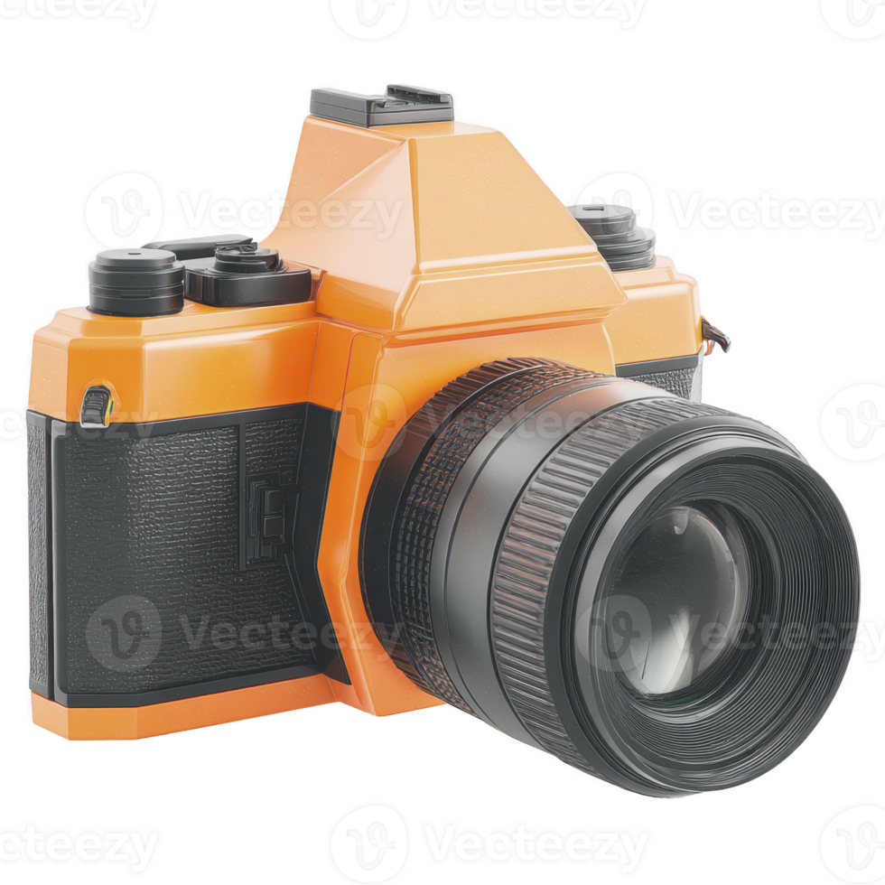 Vintage style orange camera with large lens and black detailing, evoking nostalgia and creativity. design is reminiscent of classic film cameras, blending retro aesthetics with modern appeal png
