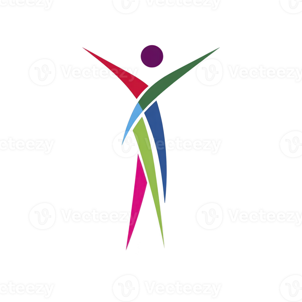 Colorful abstract figure with arms raised, composed of intersecting shapes in red, green, blue, and pink, symbolizes joy and unity. design is dynamic and vibrant png