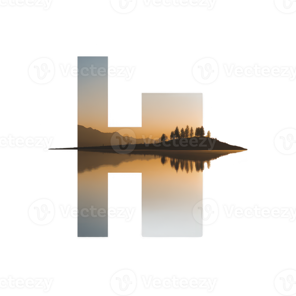 Large letter H is creatively designed with serene landscape scene, featuring sunset over calm lake with tree lined shore and mountains, reflecting tranquility png