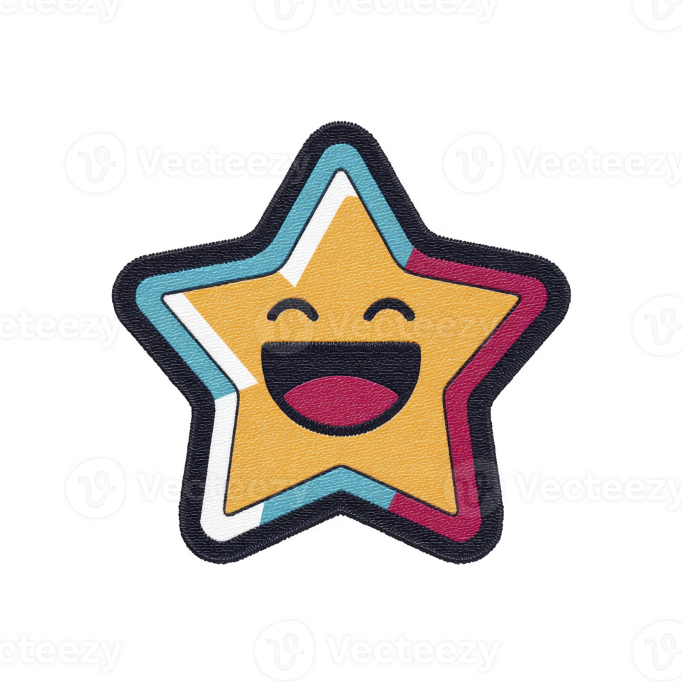 Colorful, smiling star with cheerful expression, featuring yellow center and multicolored border, conveys joy and positivity. design is playful and vibrant png