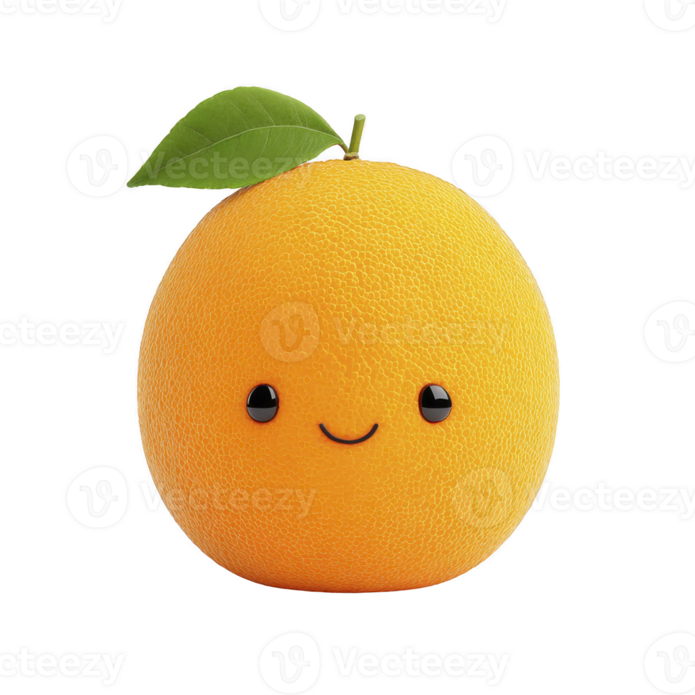 Cute, smiling orange with green leaf on top, featuring playful and cheerful expression. fruit vibrant color and adorable face create fun and whimsical image png