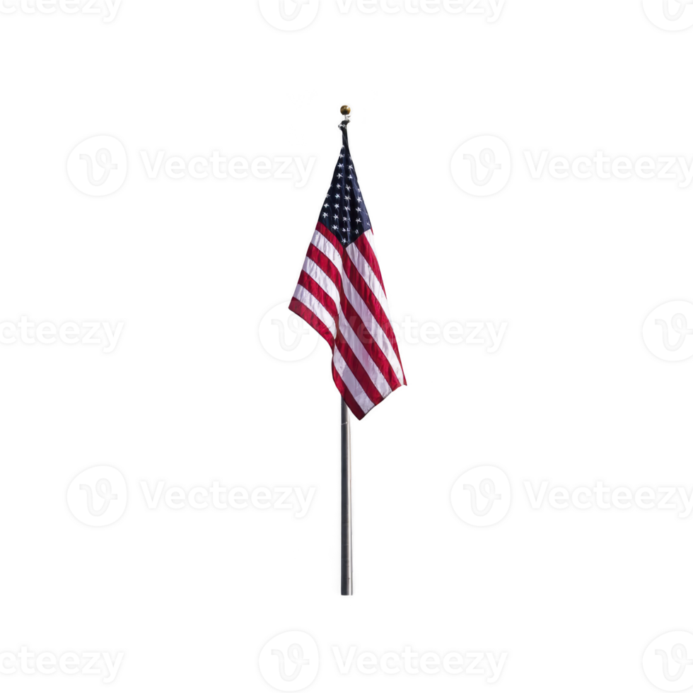 Image shows waving American flag on flagpole against clear background, symbolizing patriotism and national pride png