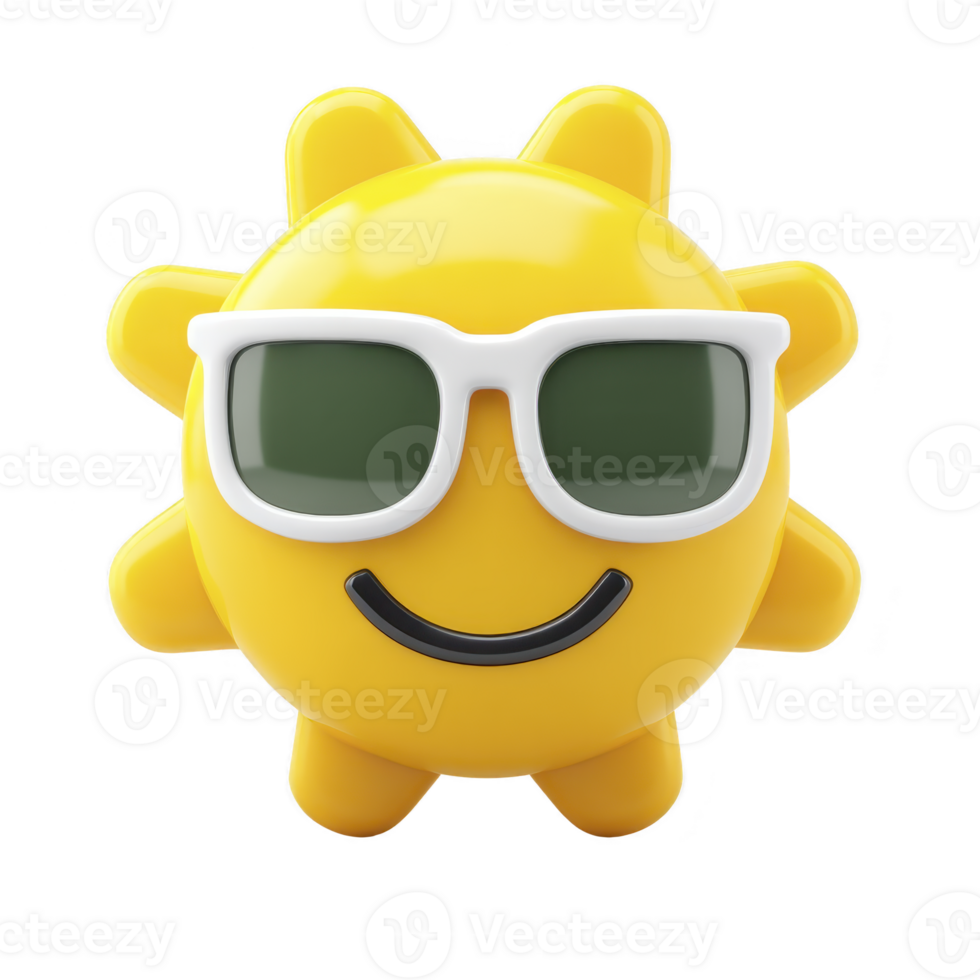 Cheerful yellow sun wearing sunglasses and smiling brightly, symbolizing summer and happiness. playful design adds fun and lively touch to any setting png