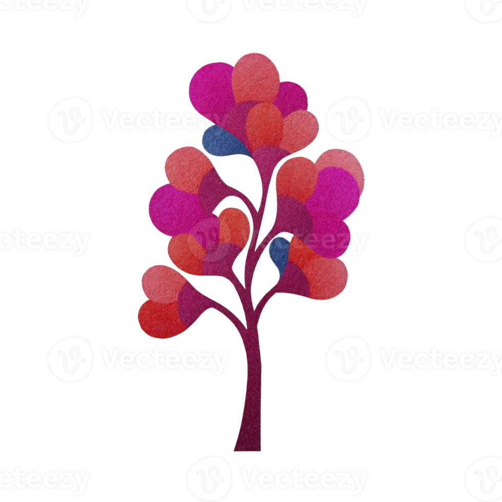 Colorful abstract tree with heart shaped leaves in shades of red, pink, and blue creates vibrant and artistic design. tree unique form adds whimsical touch png