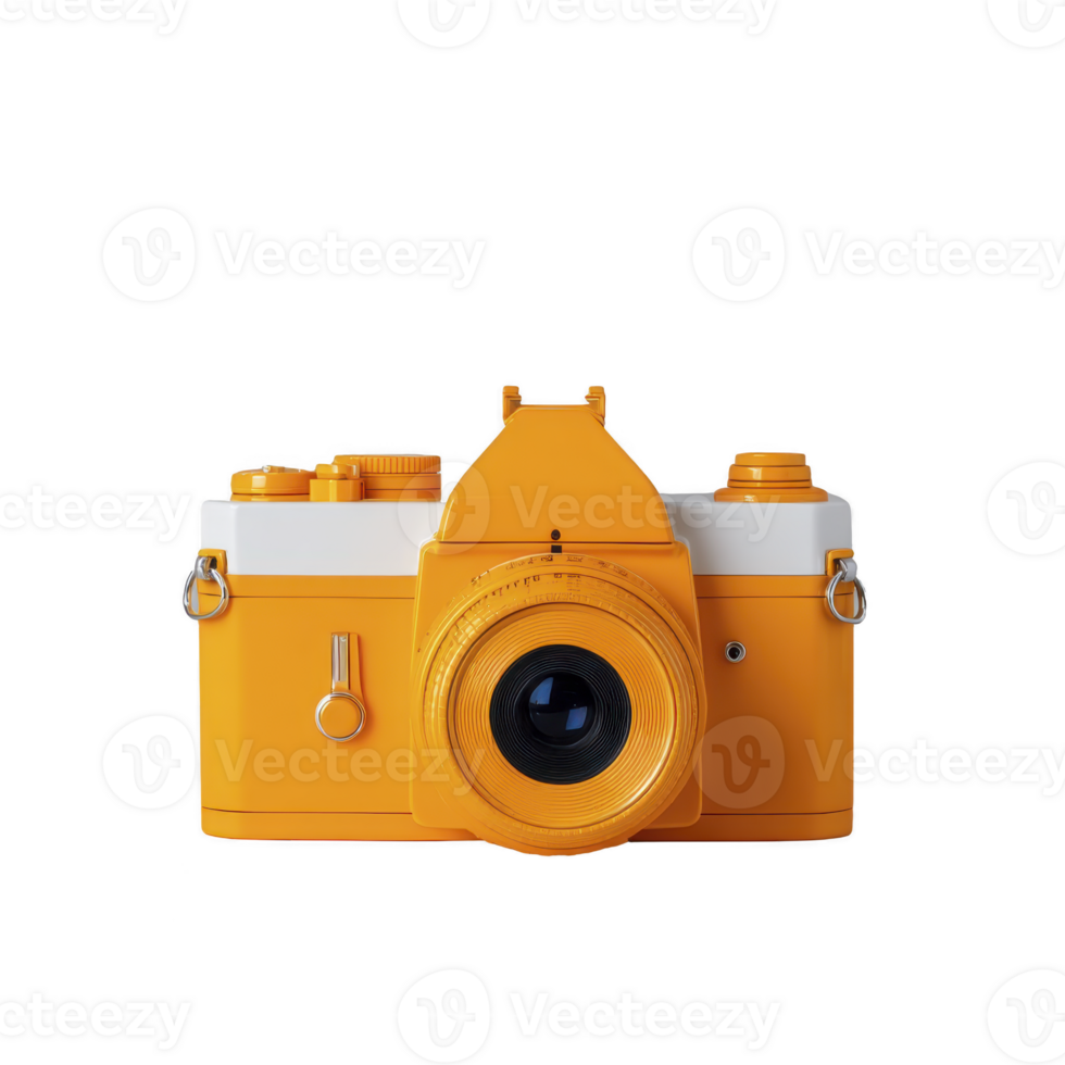 Vibrant orange vintage camera with white accent, featuring classic design and lens. camera retro style evokes nostalgia and creativity, making it striking decorative piece png