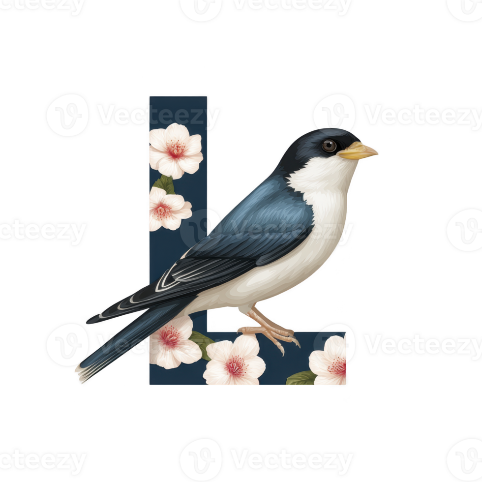 Small bird with blue and white feathers perches on floral decorated letter L against transparency background, creating charming and artistic design png