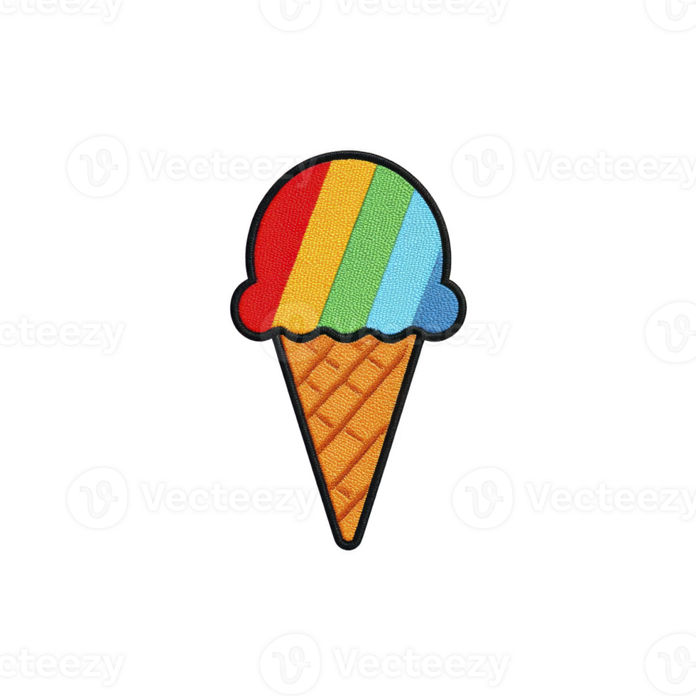 Colorful ice cream cone patch with rainbow stripes on scoop and textured waffle cone, perfect for adding playful touch to clothing or accessories png
