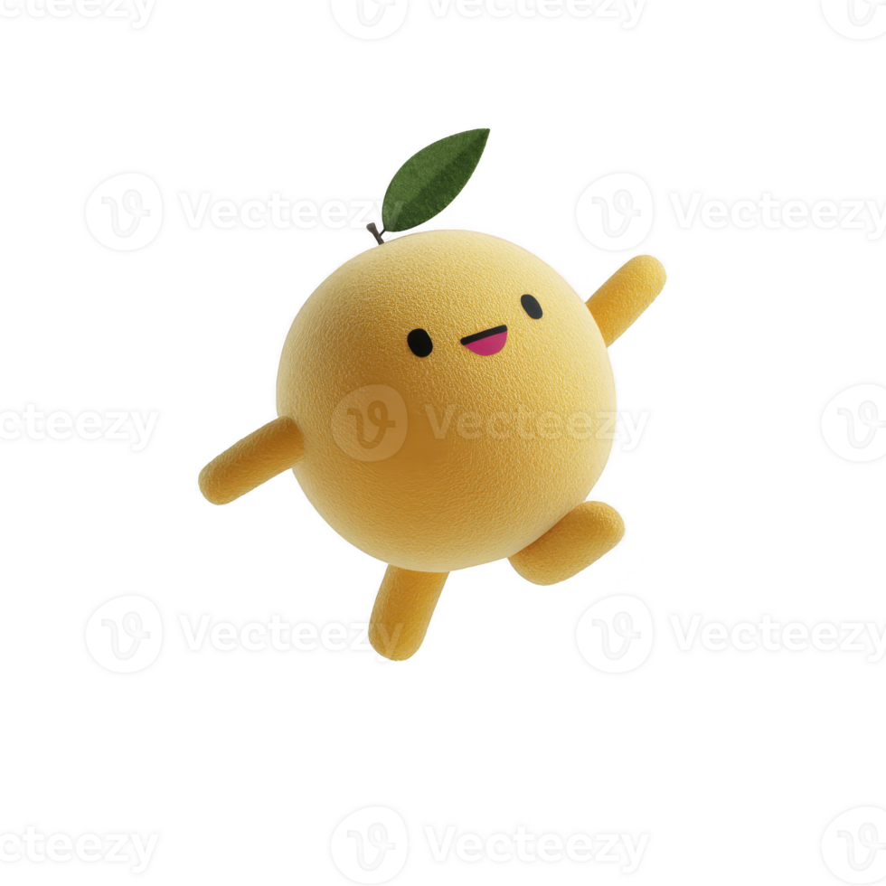 Cute, round, yellow plush toy with smiling face and small green leaf on top, resembling fruit character, is joyfully posed against transparency background png